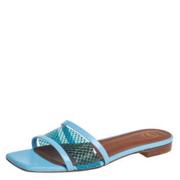 Pre Owned Malone Souliers Blue Leather And PVC Demi Flat Slides Size 37