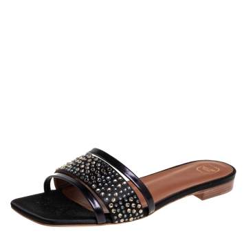 Pre Owned Malone Souliers Black Satin And Leather Crystal Embellished Sandals Size 36.5