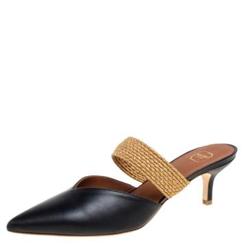 Pre Owned Malone Souliers Black/Gold Leather and Stretch Band Maisie Mules Size 38