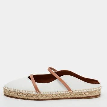 Pre Owned Malone Souliers White/Beige Leather Sienna Flat Espadrille Mules Size 39