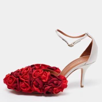 مملوكة مسبقًا Malone Souliers Red/Grey Satin Floral Embellished Penelope Ankle-Strap D'orsay Pumps Size 38