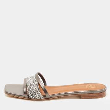 Pre Owned Malone Souliers Metallic Grey/Silver Leather And Fabric Demi Flat Slides Size 39