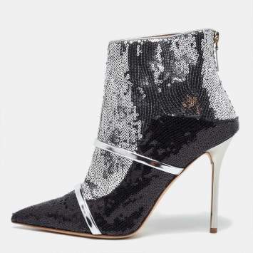 Pre Owned Malone Souliers Silver/Black Sequins Pointed Toe Ankle Booties Size 41