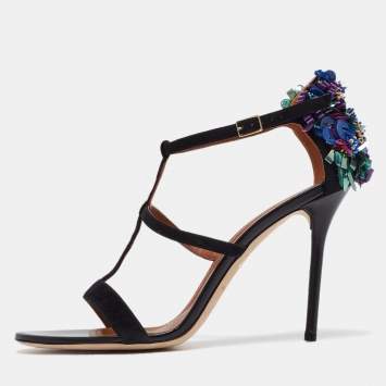 Pre Owned Malone Souliers Black Suede Floral Embellished Ankle Strap Sandals Size 41