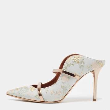 Pre Owned Malone Souliers x Bridgerton Light Blue Embroidered Fabric Maureen Mules Size 40
