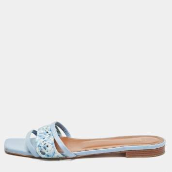 Pre Owned Malone Souliers Blue Leather and Canvas Macrame Napa Flat Slides Size 40