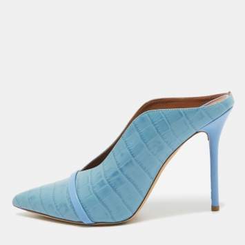 Pre Owned Malone Souliers Blue Embossed Croc Constance Mules Size 40.5