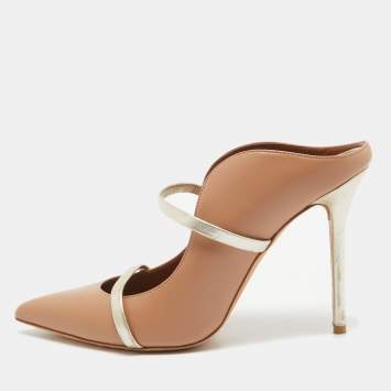 Pre Owned Malone Souliers Beige/Gold Leather Maureen Mules Size 40.5