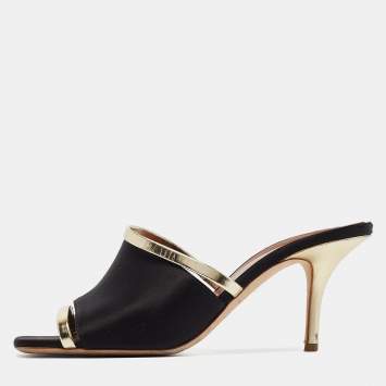 مملوكة مس�بقًا Malone Souliers Black/Gold Satin and Leather Open Toe Slide Sandals Size 38.5