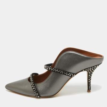 Pre Owned Malone Souliers Grey/Black Leather and Suede Crystal Embellished Maureen Mules Size 41