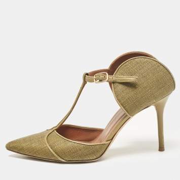Pre Owned Malone Souliers Green Leather and Raffia Pumps Size 39