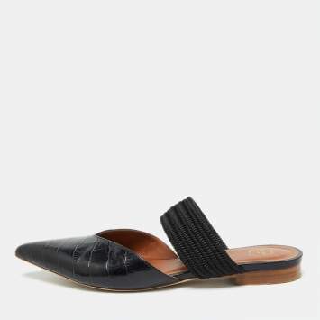 Pre Owned Malone Souliers Black Croc Embossed Leather Maisie Flat Sandals 38.5