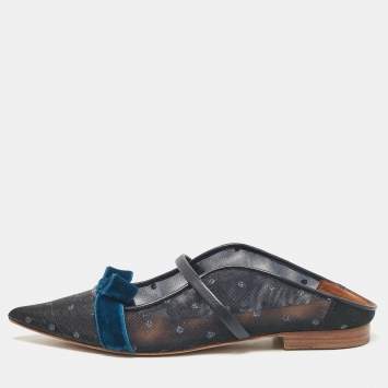 Pre Owned Malone Souliers Black/Blue Mesh and Velvet Maureen Flat Sandals Size 35