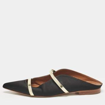 Pre Owned Malone Souliers Black Satin and Leather Maureen Flat Slides Size 37.5