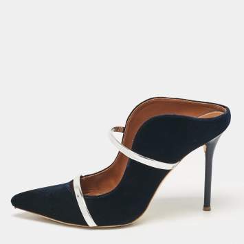Pre Owned Malone Souliers Navy Blue/Silver Velvet and Leather Maureen Mules Size 41