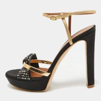 Pre Owned Malone Souliers Black/Gold Satin and Leather Lauren Crystals Sandals Size 39