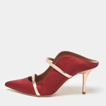 Pre Owned Malone Souliers Burgundy/Gold Satin and Leather Maureen Mules Size 40.5