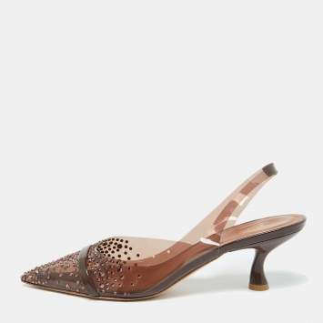 Pre Owned Malone Souliers Brown PVC Crystal Embellished Juliet Slingback Pumps Size 36.5