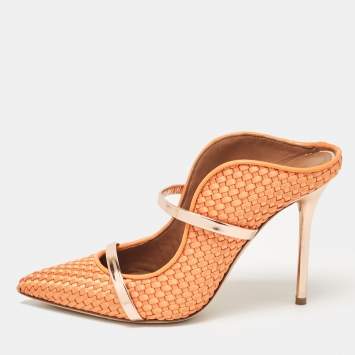 مملوكة مسبقًا Malone Souliers Orange/Rose Gold Woven Satin and Leather Maureen Mules Size 39