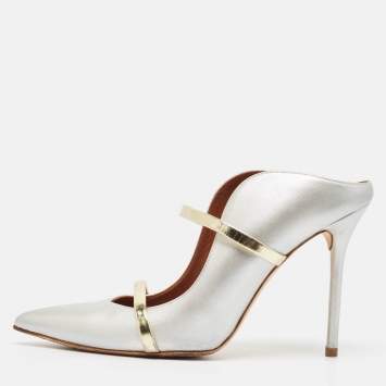 Pre Owned Malone Souliers Silver/Gold Leather Maureen Pointed Toe Mules Size 40