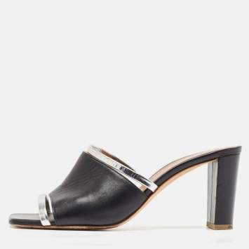 مملوكة مسبقًا Malone Souliers Silver/Black Leather Laney Slide Sandals Size 39.5