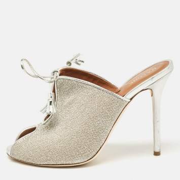 Pre Owned Malone Souliers Silver Leather and Lurex Fabric Lace Up Mules Size 38