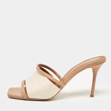Pre Owned Malone Souliers Beige Lamé Fabric and Leather Laney Slide Sandals Size 41