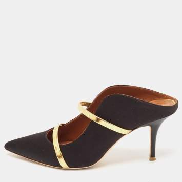 Pre Owned Malone Souliers Black/Gold Leather and Satin Maureen Mules Size 40