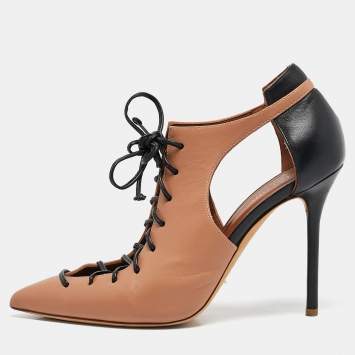 Pre Owned Malone Souliers Beige/Black Leather Montana Lace Up Pumps Size 38