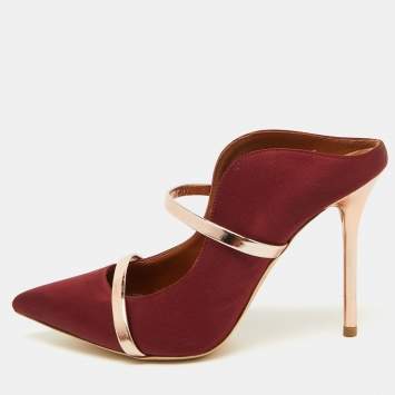 Pre Owned Malone Souliers Burgundy/Rose Gold Satin and Leather Maureen Mules Size 37.5