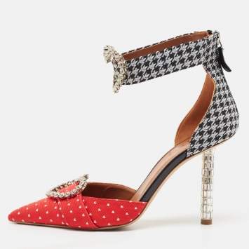 Pre Owned Malone Souliers Tricolor Canvas Camille Ankle Strap Pumps Size 38