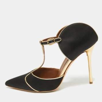 مملوكة مسبقًا Malone Souliers Black/Gold Satin And Leather Imogen Pointed Toe Sandals Size 41