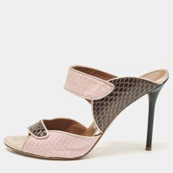 Pre Owned Malone Souliers Pink/Navy Blue Elaphe Olivia Slide Sandals Size 42