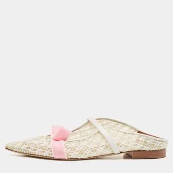 Pre Owned Malone Souliers White/Pink Lace and Leather Maureen Flat Sandals Size 37.5
