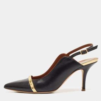 Pre Owned Malone Souliers Black/Gold Leather Karlie Slingback Pumps Size 38.5