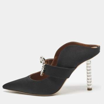 Pre Owned Malone Souliers Black Satin Crystal Embellished Maureen Sandals Size 39