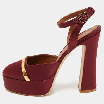 Pre Owned Malone Souliers Burgundy/Gold Satin Platform Mora Pumps Size 38