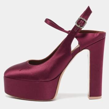 Pre Owned Malone Souliers Burgundy Satin Platform Ankle Strap Pumps Size 40