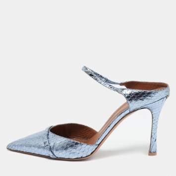 Pre Owned Malone Souliers Metallic Blue Snakeskin Embossed Leather Uma Mules Size 39