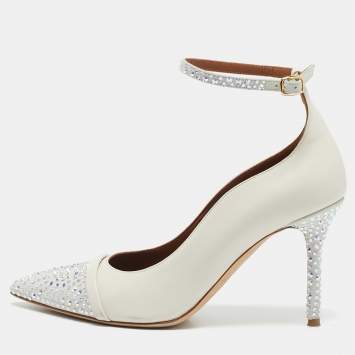 Malone Souliers White Leather and Suede Crystal Embellished Pumps Size 37