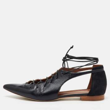 Pre Owned Malone Souliers Black Leather and Suede Montana Lace Up Pointed Toe Flats Size 40.5