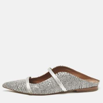 Pre Owned Malone Souliers White/Black Dotted Snakeskin Leather Maureen Flat Mules Size 38