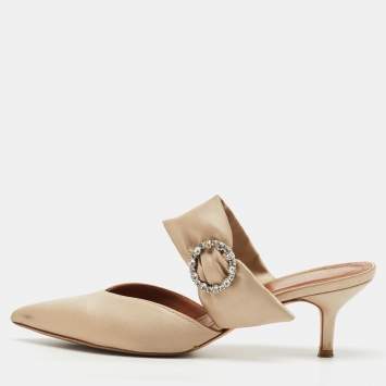 Pre Owned Malone Souliers Beige Satin Maite 45 Crystal Embellished Mules Size 38