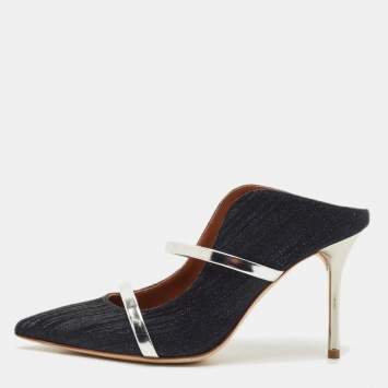 Pre Owned Malone Souliers Navy Blue Lurex Fabric Maureen Heel Mules Size 37