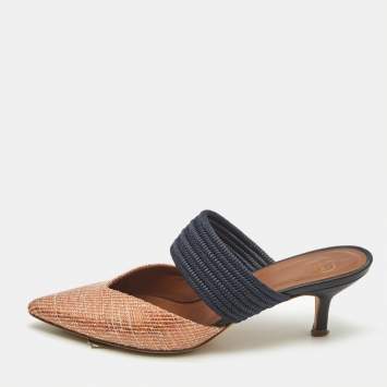 Pre Owned Malone Souliers Orange/Blue Woven Straw Maisie Heel Mules Size 35