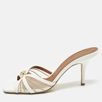 Malone Souliers White Leather and Mesh Perla Slide Sandals Size 38