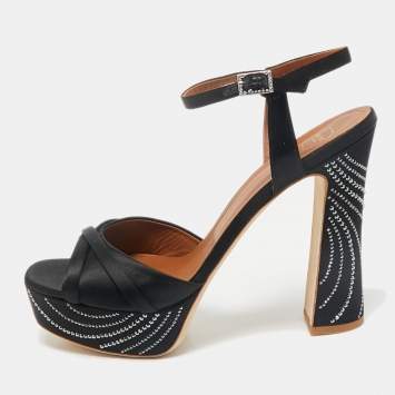 Malone Souliers Black Satin Crystal Embellished Platform Keaton Ankle Strap Sandals Size 42