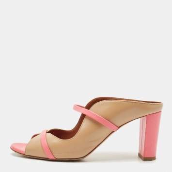 Pre Owned Malone Souliers Beige/Pink Leather Open Toe Norah Block Heel Mules Size 38