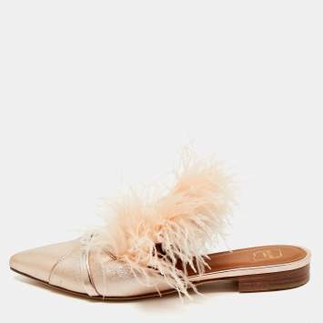 Malone Souliers Metallic Leather and Feather Pointed Toe Flat Mules Size 35
