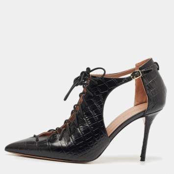 Malone Souliers Black Croc Embossed Leather Montana Lace Up Pumps Size 41